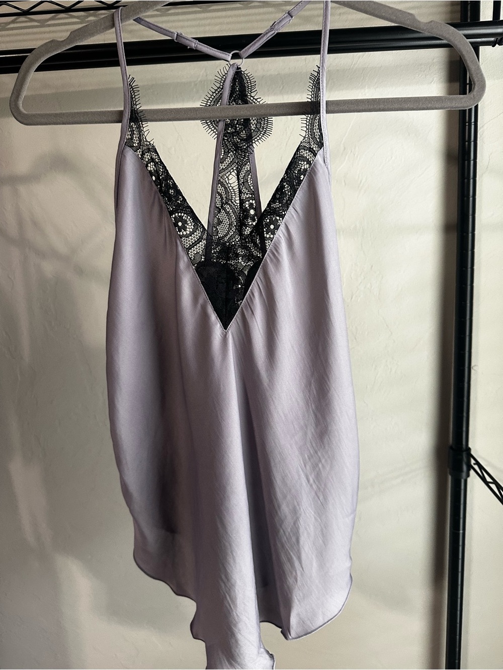 NWT Free People Silver Mauve Slip Tank with Black Lace